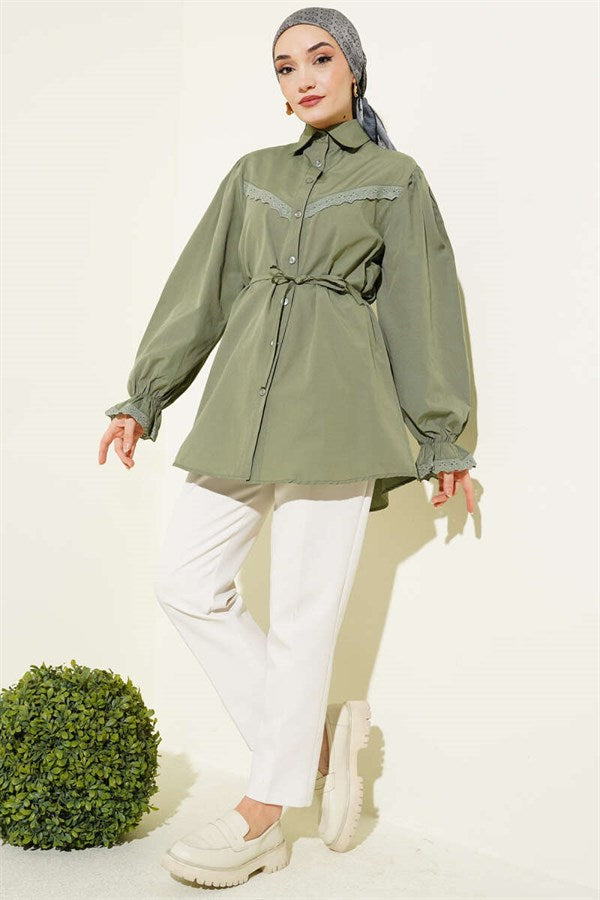 Shirt with Elastic Cuffs and Lace Detail, Khaki