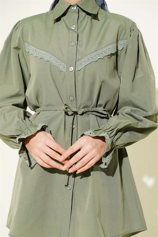 Shirt with Elastic Cuffs and Lace Detail, Khaki