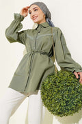 Shirt with Elastic Cuffs and Lace Detail, Khaki