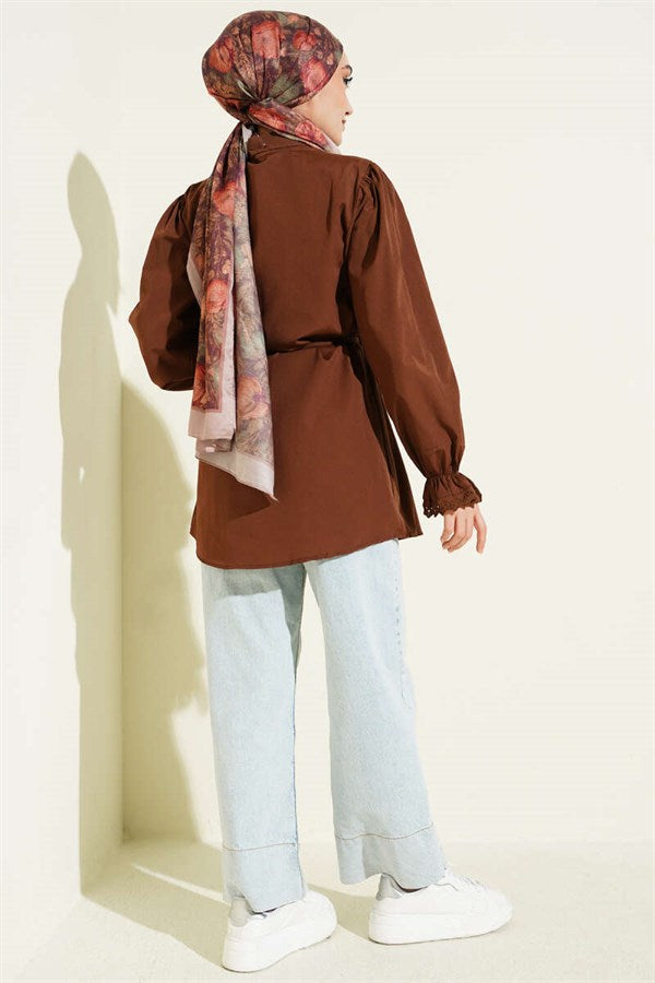 Shirt with Elastic Cuffs and Lace Detail, Brown