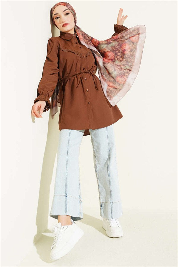 Shirt with Elastic Cuffs and Lace Detail, Brown