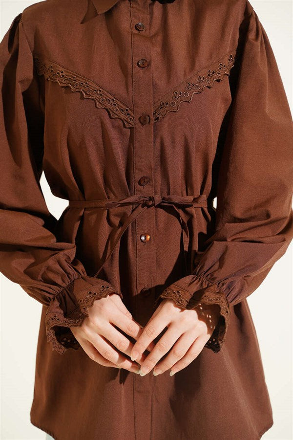 Shirt with Elastic Cuffs and Lace Detail, Brown
