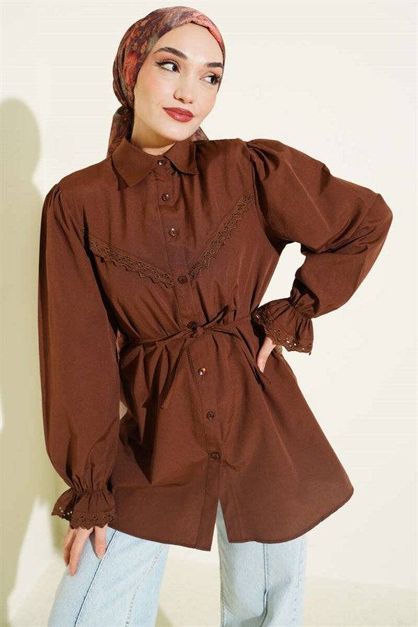 Shirt with Elastic Cuffs and Lace Detail, Brown