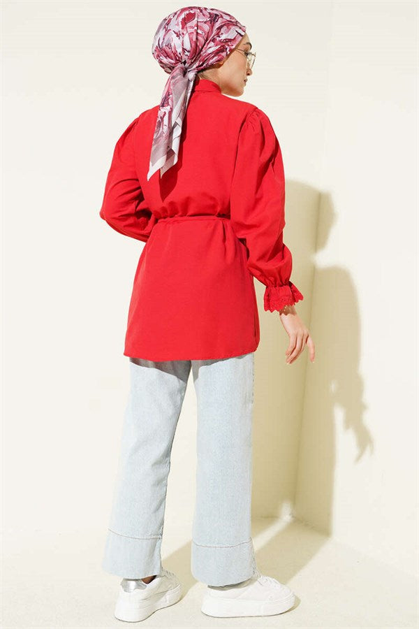 Red Shirt with Elasticated Cuffs and Lace Details