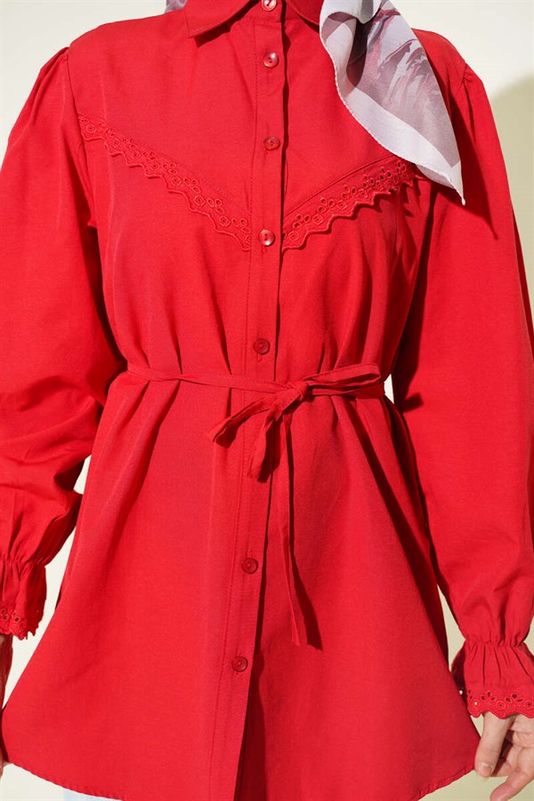 Red Shirt with Elasticated Cuffs and Lace Details