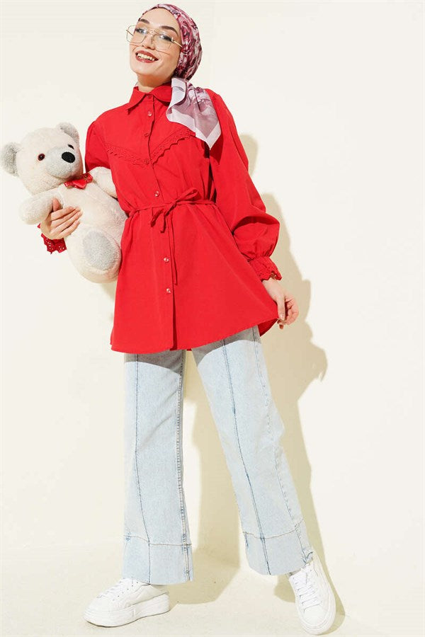 Red Shirt with Elasticated Cuffs and Lace Details