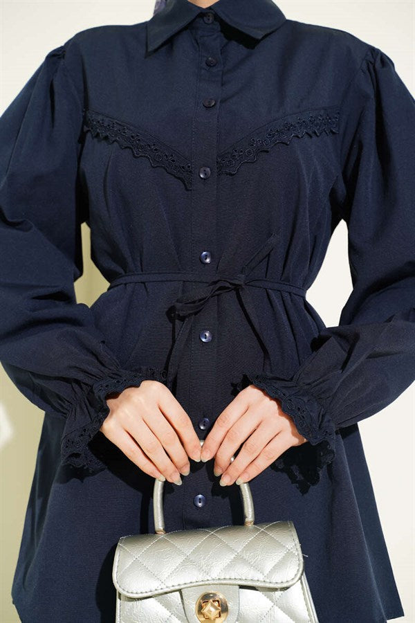 Navy Blue Shirt with Elasticated Cuffs and Lace Details