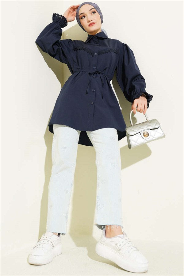Navy Blue Shirt with Elasticated Cuffs and Lace Details