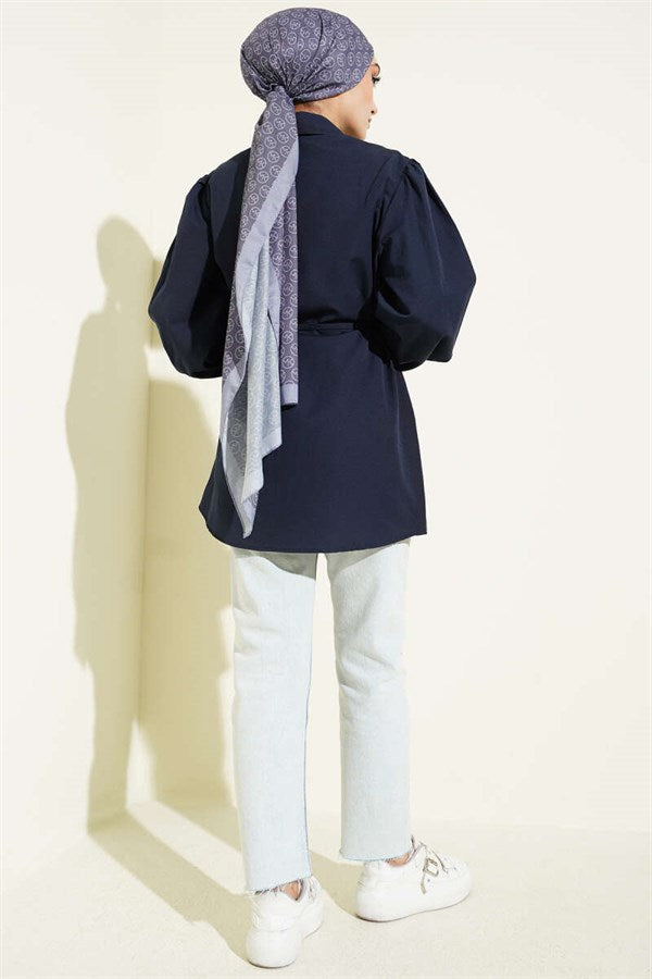 Navy Blue Shirt with Elasticated Cuffs and Lace Details