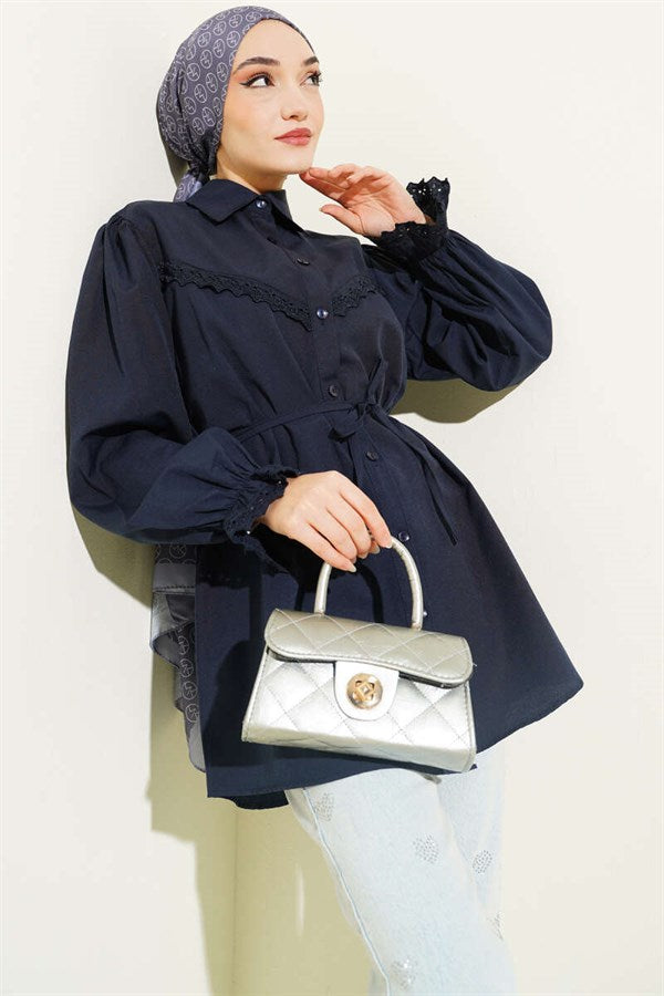 Navy Blue Shirt with Elasticated Cuffs and Lace Details