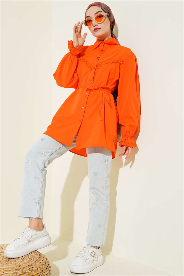 Orange Shirt with Elasticated Cuffs and Lace Detail