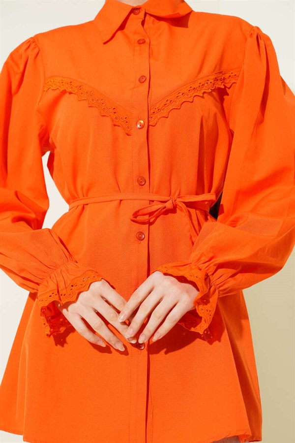 Orange Shirt with Elasticated Cuffs and Lace Detail