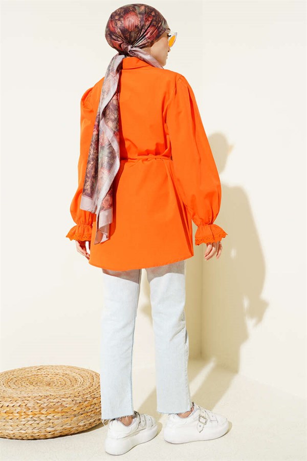 Orange Shirt with Elasticated Cuffs and Lace Detail
