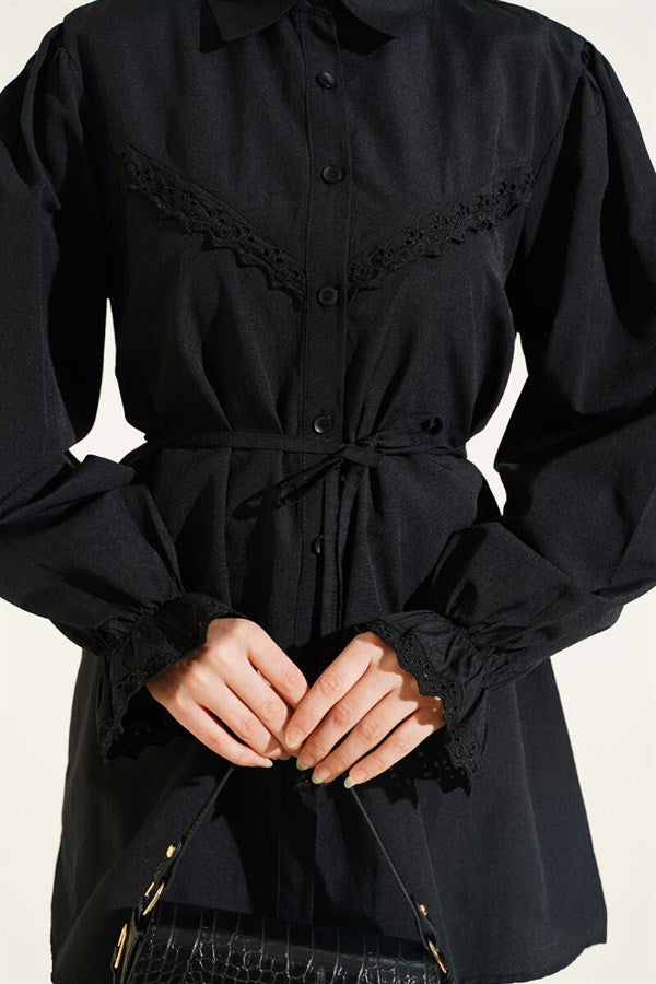 Black Shirt with Elasticated Cuffs and Lace Details