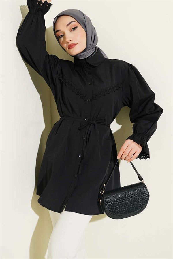 Black Shirt with Elasticated Cuffs and Lace Details