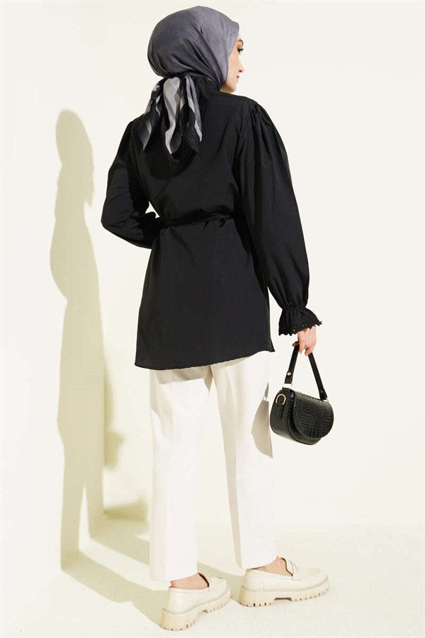 Black Shirt with Elasticated Cuffs and Lace Details