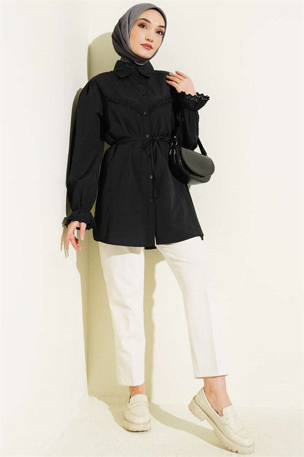 Black Shirt with Elasticated Cuffs and Lace Details