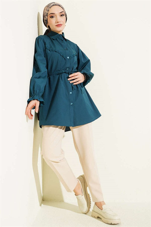 Emerald Green Shirt with Elasticated Cuffs and Lace Details