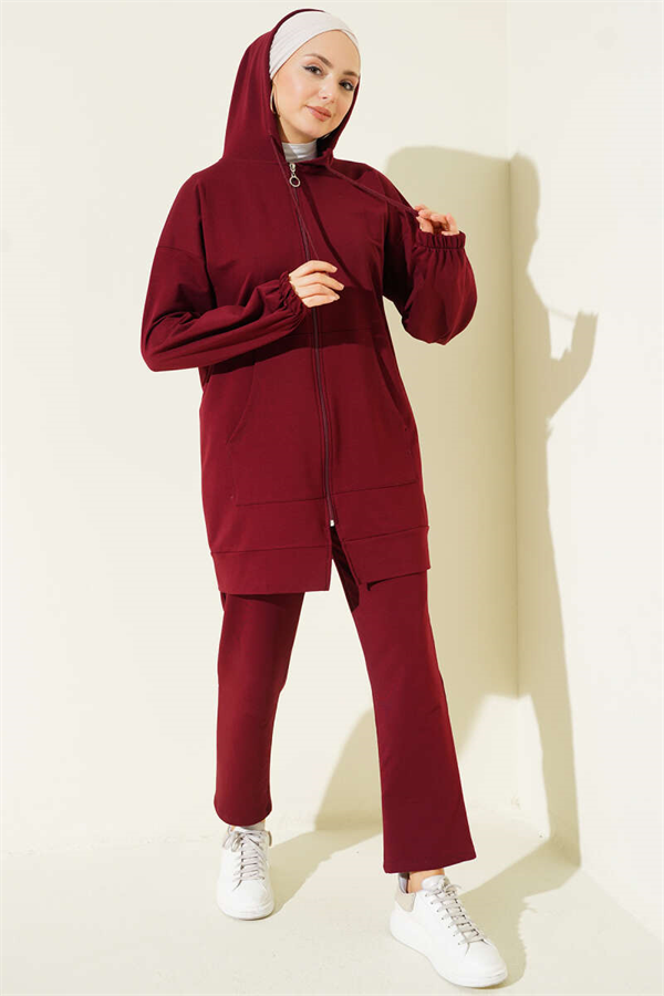Two-Piece Hooded Set with Elasticated Ankles, Burgundy