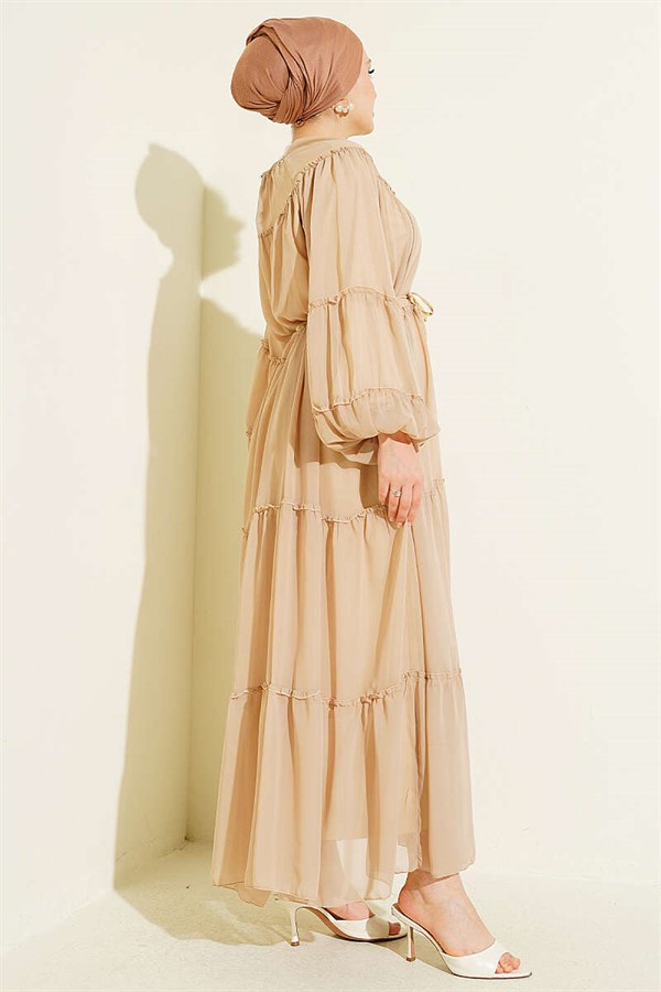 Layered Chiffon Dress with Elasticated Ankles, Beige