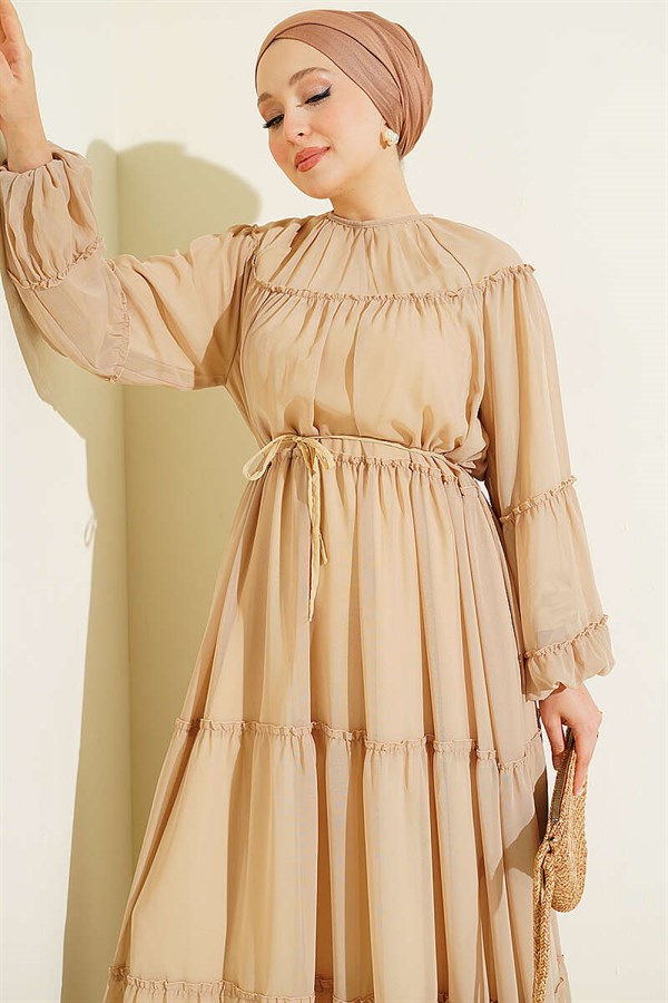 Layered Chiffon Dress with Elasticated Ankles, Beige