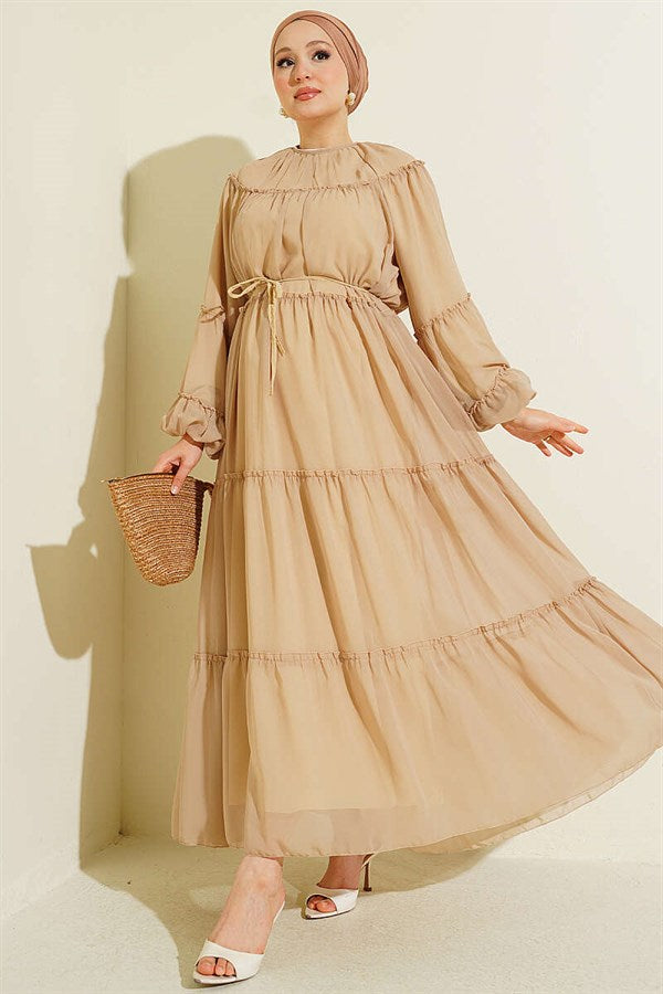 Layered Chiffon Dress with Elasticated Ankles, Beige