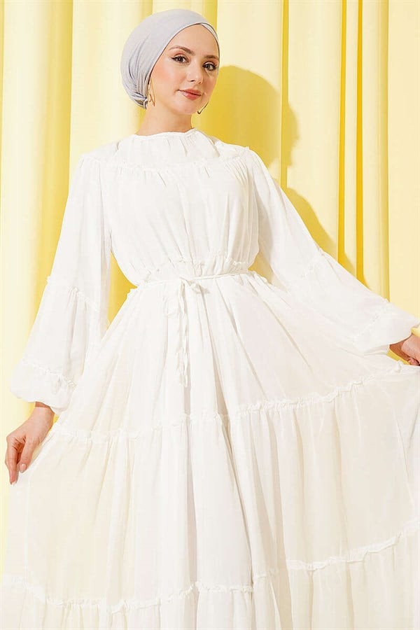 Layered Chiffon Dress with Elastic Ankles, Ecru