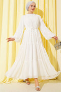 Layered Chiffon Dress with Elastic Ankles, Ecru
