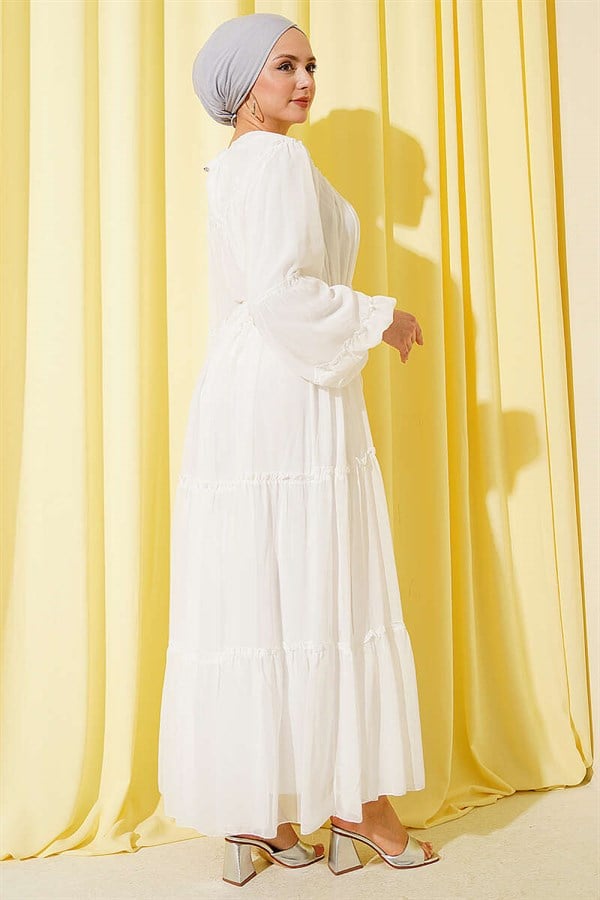 Layered Chiffon Dress with Elastic Ankles, Ecru