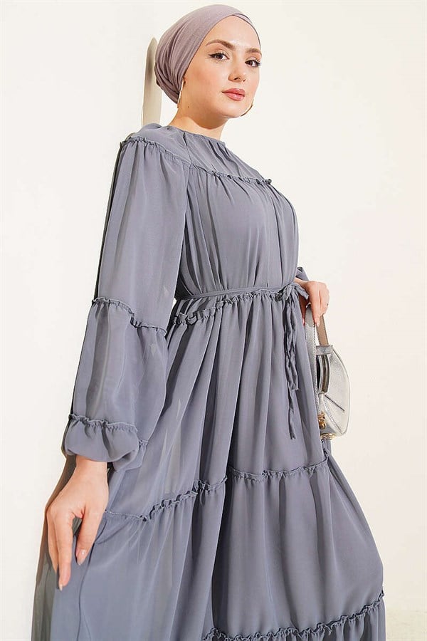 Layered Chiffon Dress with Elastic Ankles, Smoke Grey
