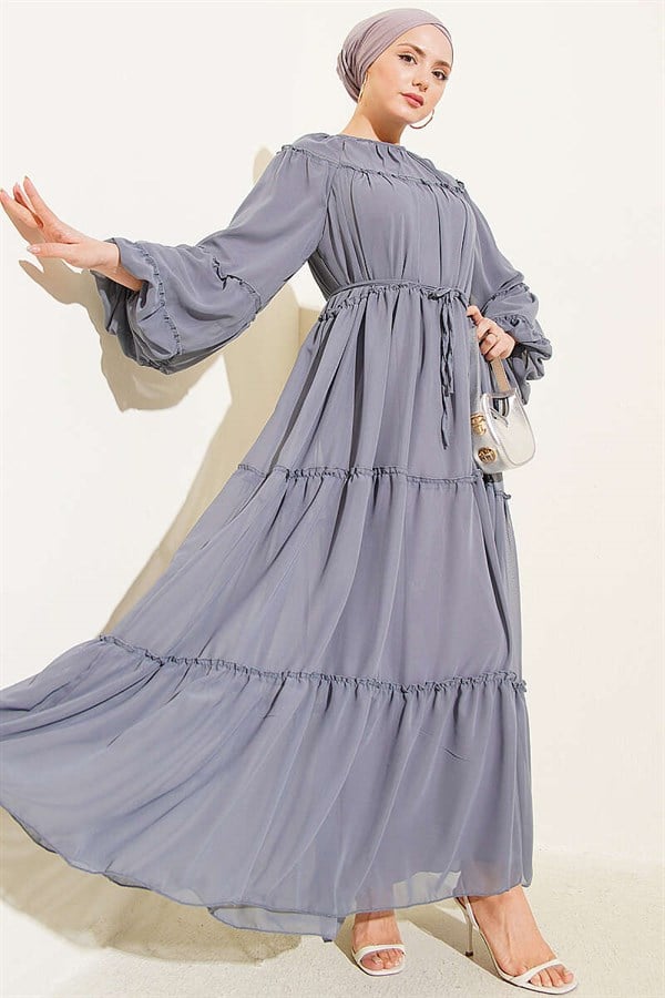 Layered Chiffon Dress with Elastic Ankles, Smoke Grey