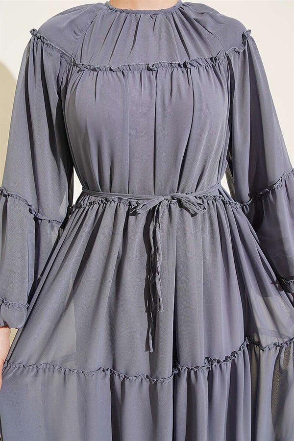 Layered Chiffon Dress with Elastic Ankles, Smoke Grey