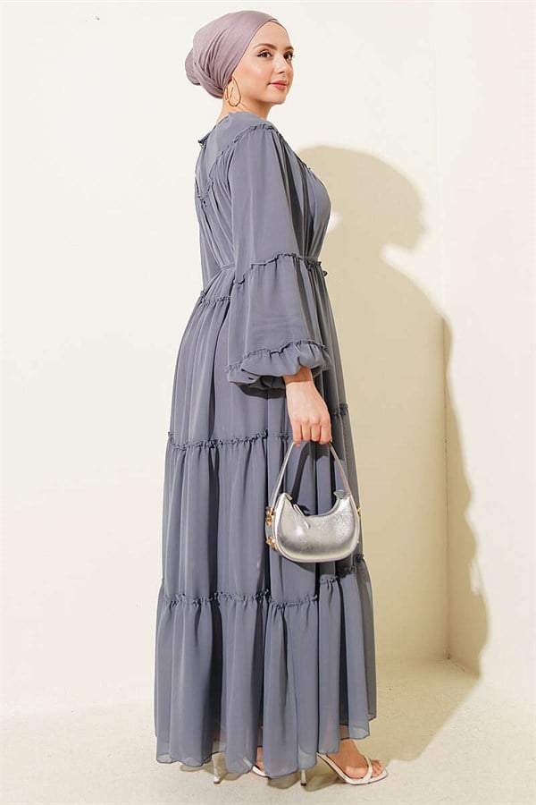 Layered Chiffon Dress with Elastic Ankles, Smoke Grey
