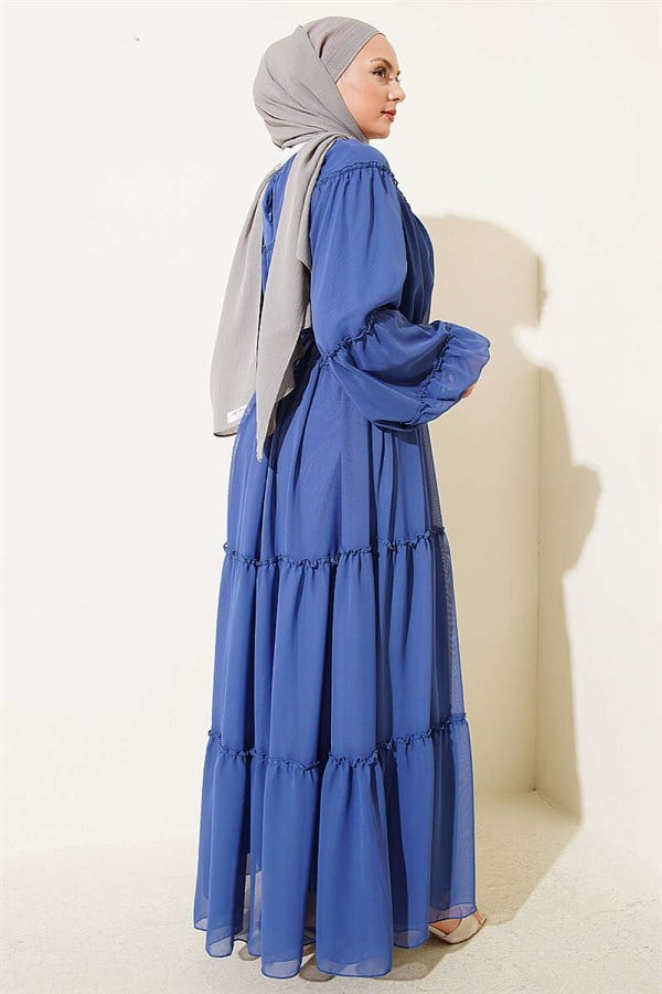Layered Chiffon Dress with Elastic Ankles, Indigo