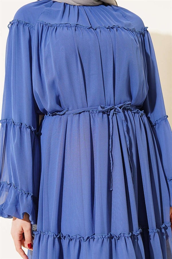 Layered Chiffon Dress with Elastic Ankles, Indigo