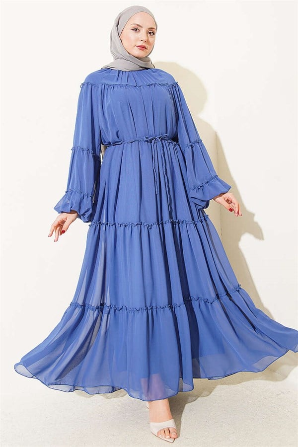 Layered Chiffon Dress with Elastic Ankles, Indigo