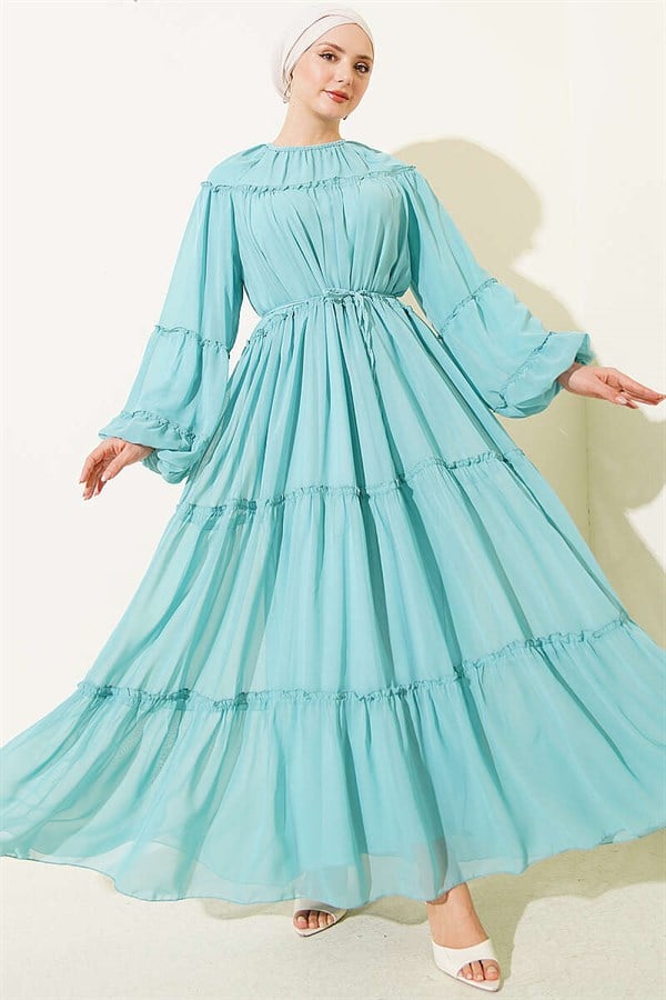 Layered Chiffon Dress with Elasticated Ankles, Mint
