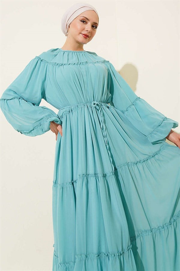 Layered Chiffon Dress with Elasticated Ankles, Mint