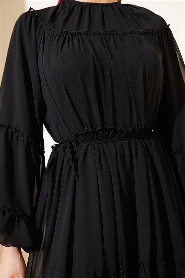 Layered Chiffon Dress with Elastic Ankles, Black