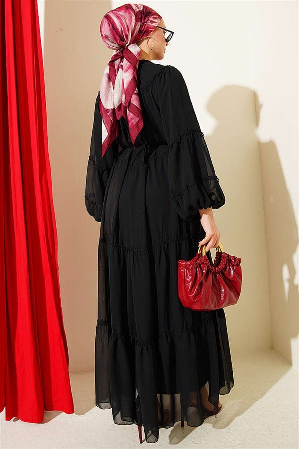 Layered Chiffon Dress with Elastic Ankles, Black