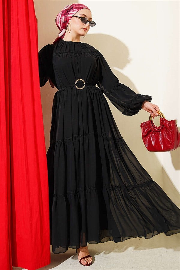 Layered Chiffon Dress with Elastic Ankles, Black
