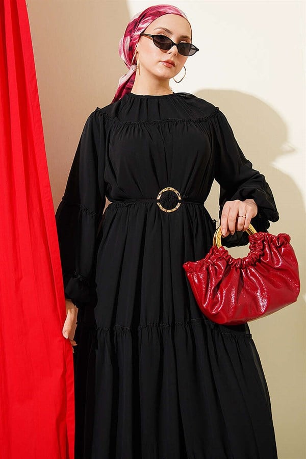 Layered Chiffon Dress with Elastic Ankles, Black