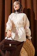 Poplin Tunic with Elasticated Ankles and Belt, Beige