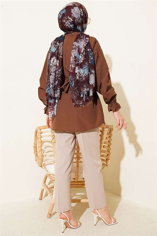 Poplin Tunic with Elastic Ankle Straps, Brown