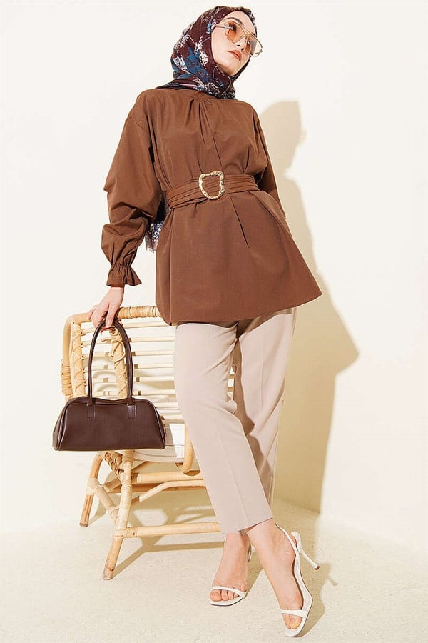 Poplin Tunic with Elastic Ankle Straps, Brown
