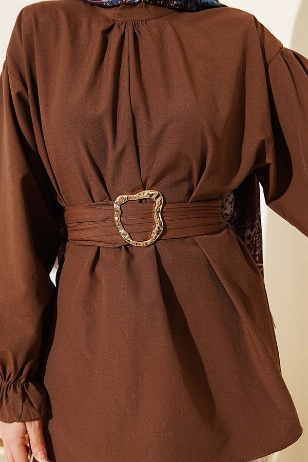 Poplin Tunic with Elastic Ankle Straps, Brown