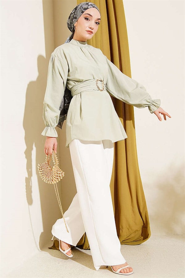 Poplin Tunic with Elasticated Ankles and Belt, Mint