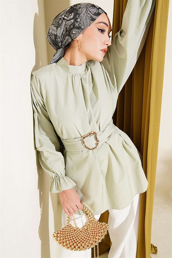 Poplin Tunic with Elasticated Ankles and Belt, Mint