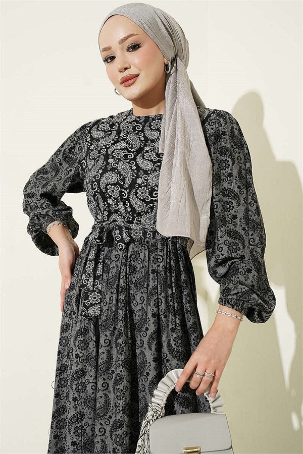 Authentic Patterned Dress with Elastic Ankle Straps, Smoke Grey