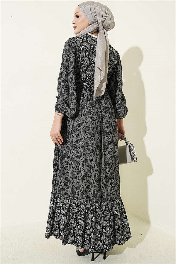 Authentic Patterned Dress with Elastic Ankle Straps, Smoke Grey